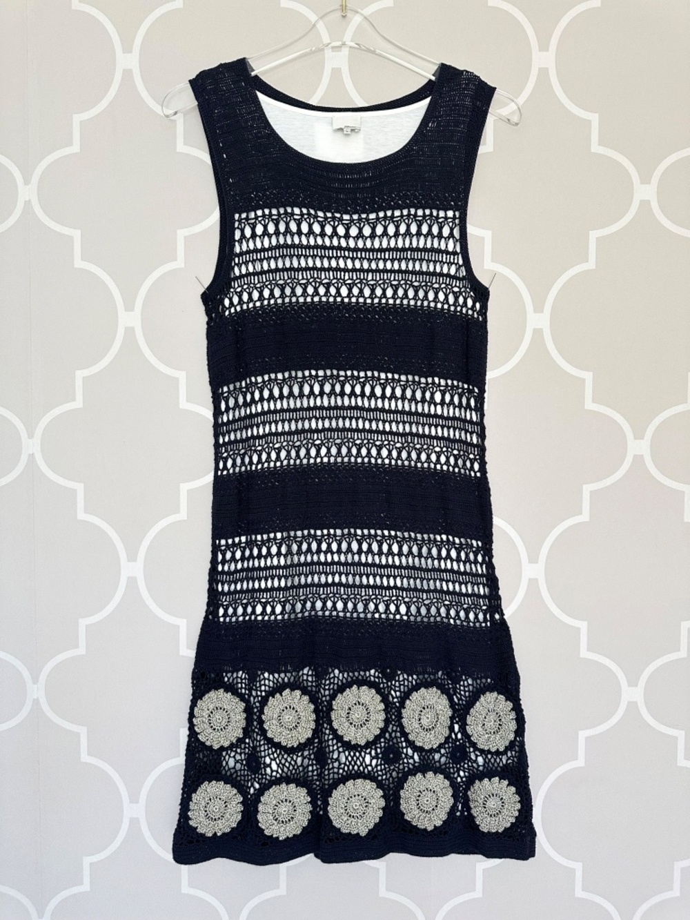 NWT 3.1 Phillip Lim Hand Crochet Navy with Silver Metallic Medallions L - Picture 2 of 10